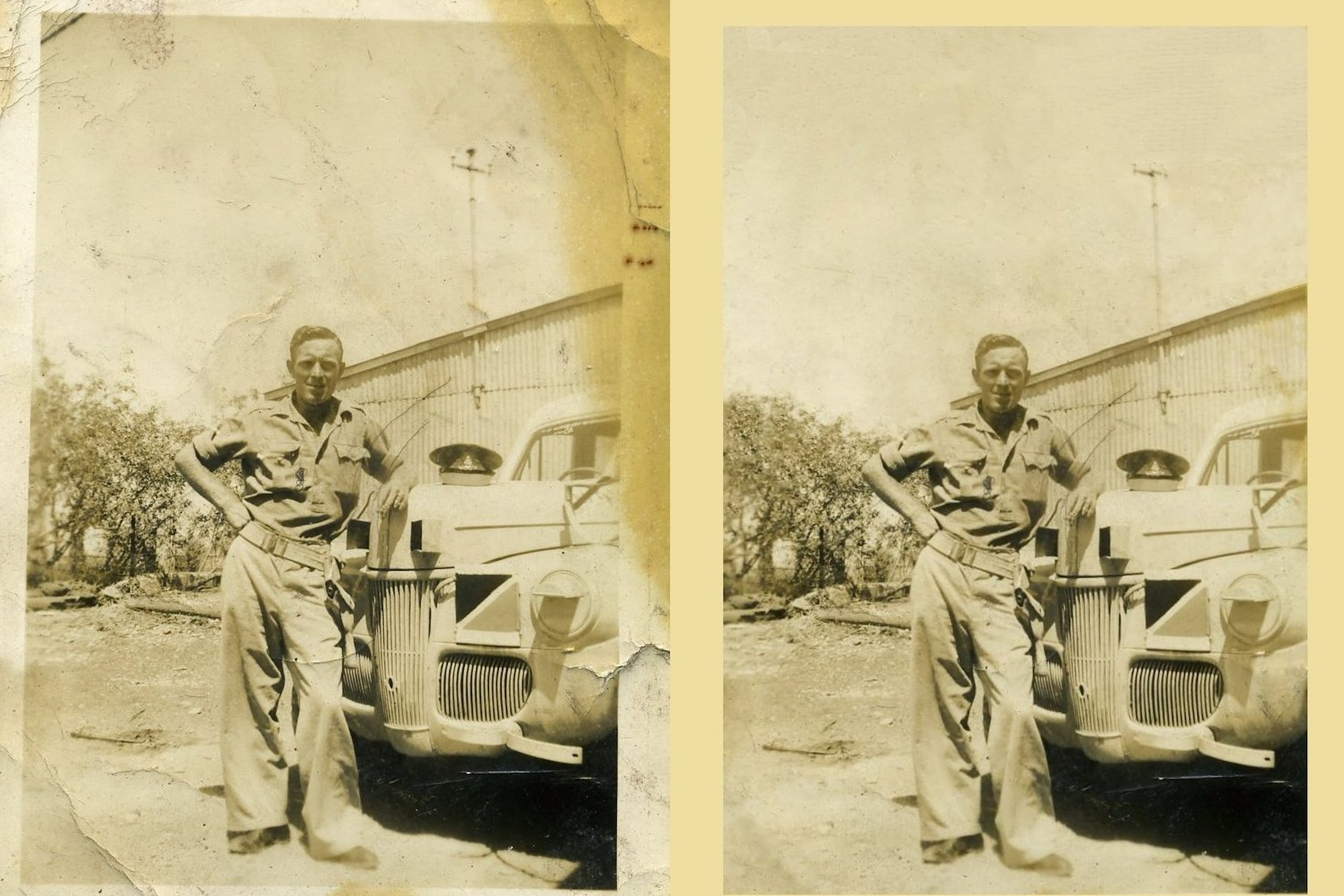 Before and after comparison of restoration of an old photograph using photo editing software