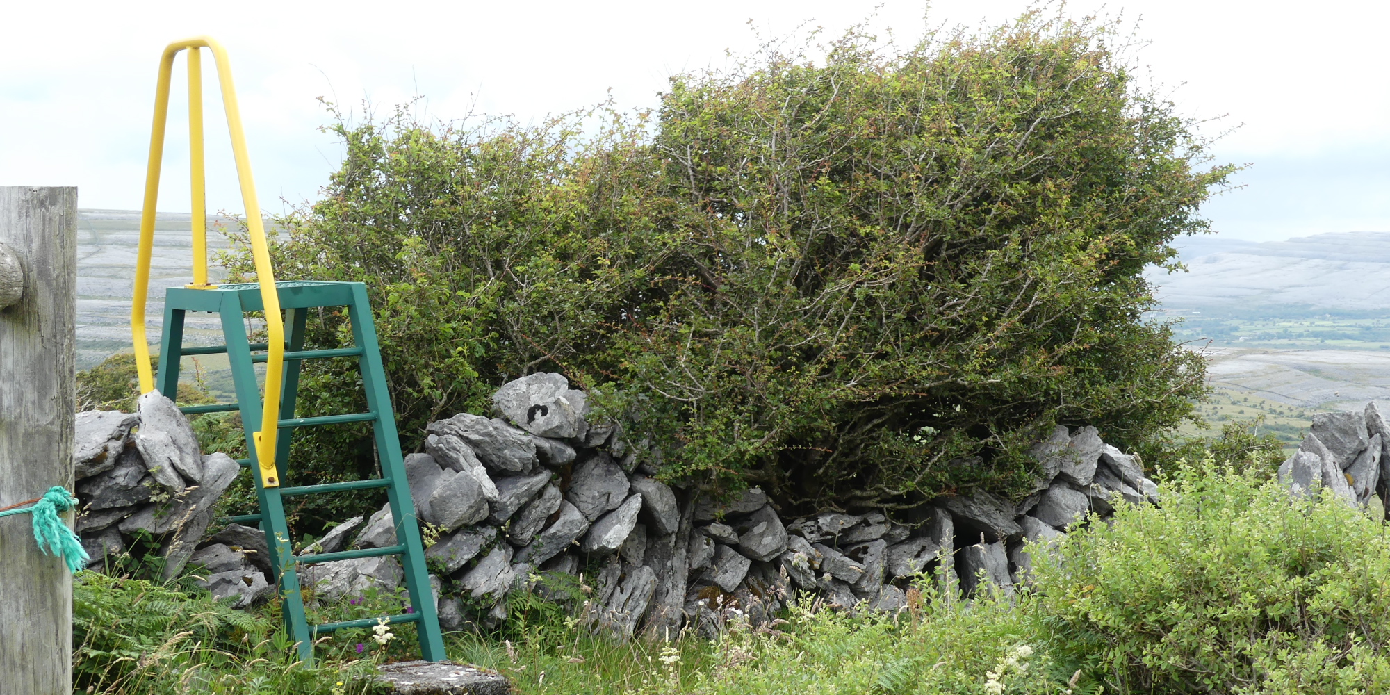 Photo of a stile over a rock wall, this particular style is nicely painted green metal with a yellow hand rail
