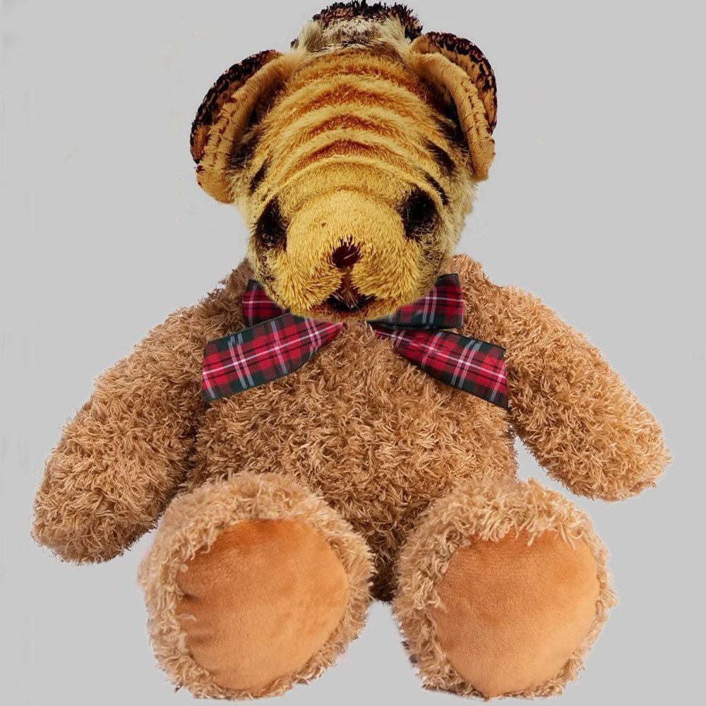A photo of a brown teddy bear, with it's head digitally replaced with the body of a moth that looks like it has a face