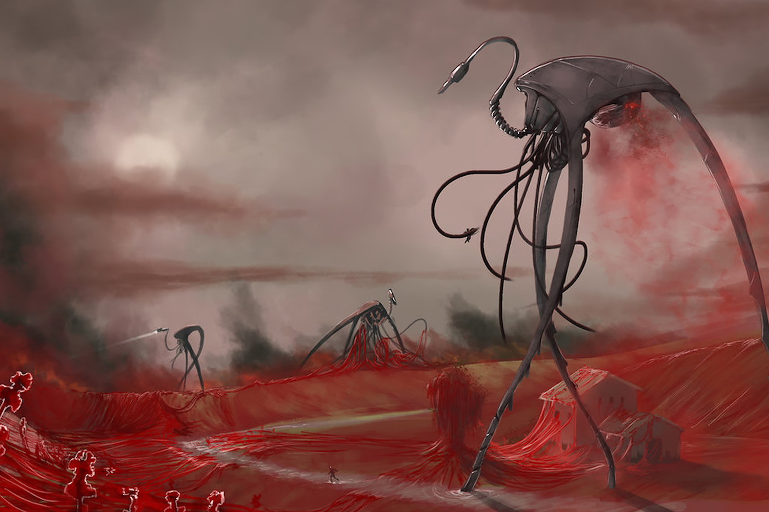 Digital artistic interpretation of War of the Worlds style Tripods spraying red dust over a farmhouse and fields
