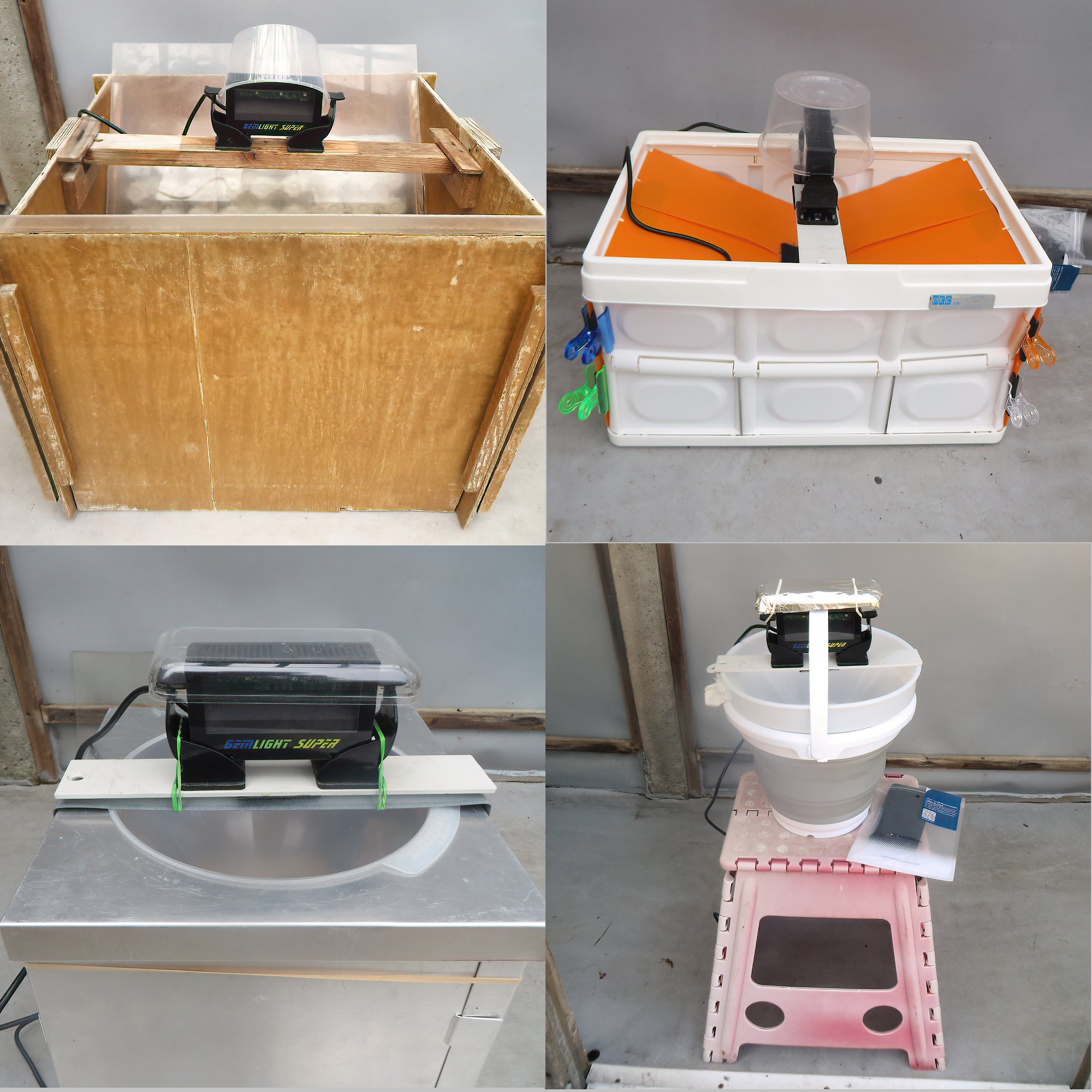 A 2x2 grid of images showing ways we tried to use the LED light, affixing above various containers
