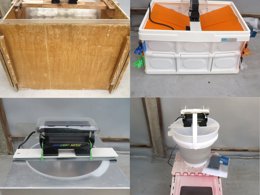 A 2x2 grid of images showing ways we tried to use the LED light, affixing above various containers