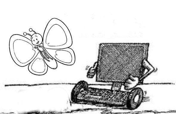 Cartoon of a keyboard and monitor on wheels chasing a butterfly