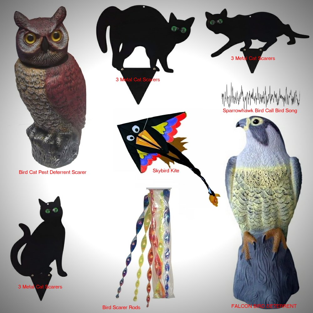 An assortment of available bird deterrants - statues of predator birds, silhouettes of cats, kites and noisy twirlers