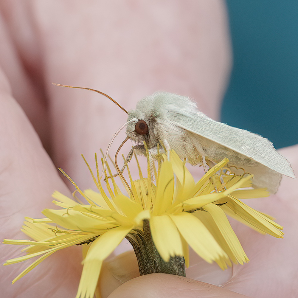 A moth resting on a dandelion held between fingers