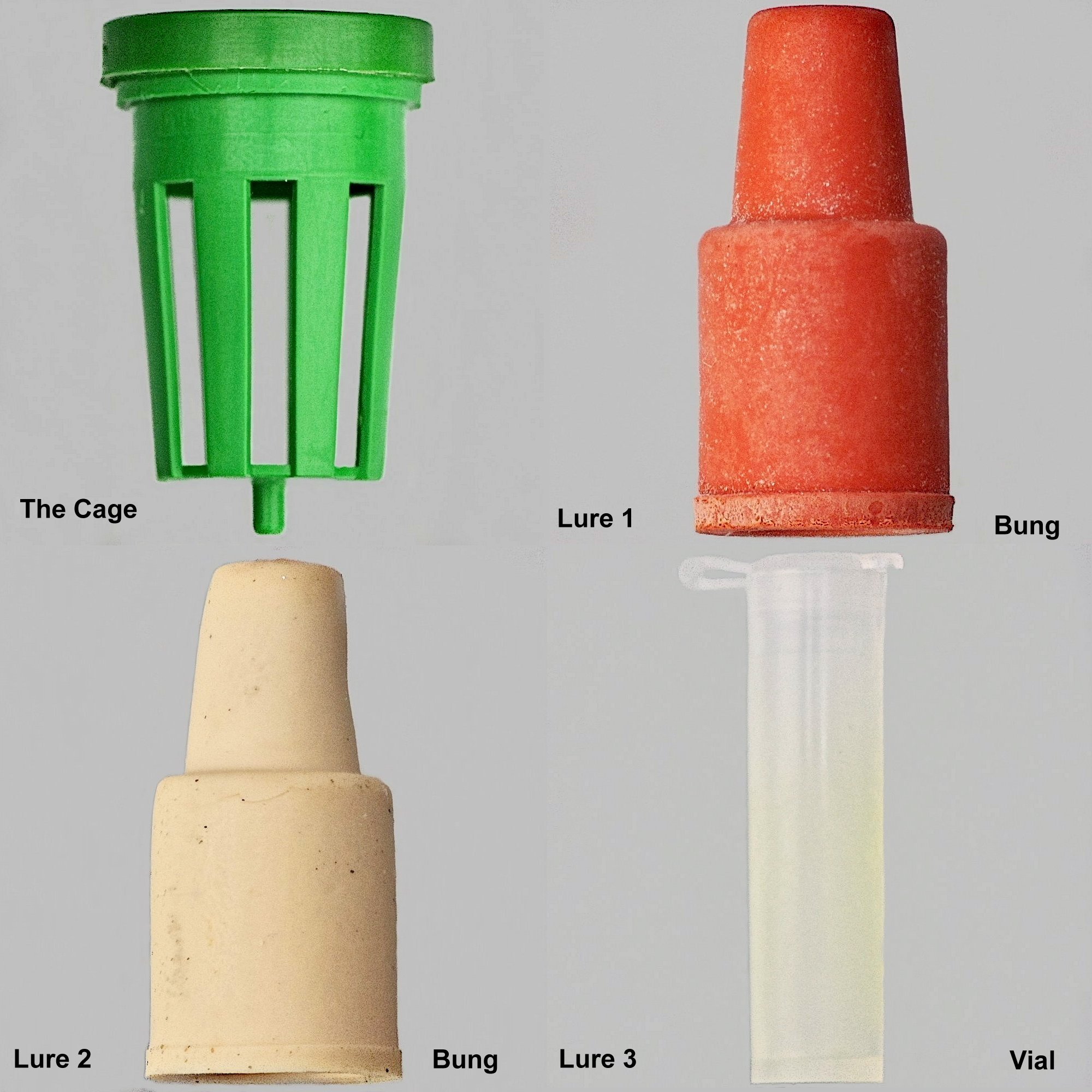 2x2 grid of photos of the components of our trap - a bung with vertical slices cut out, different lures to fit, and a vial