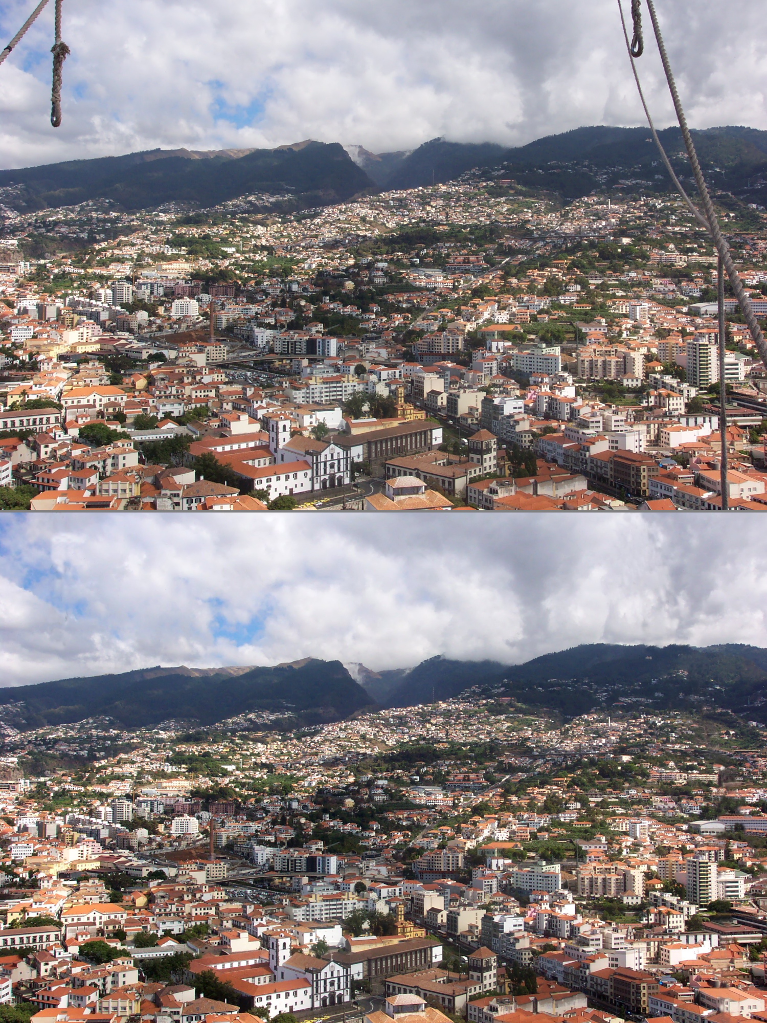 Before and after comparison of a high up shot across a town, to remove some rope that were in the foreground